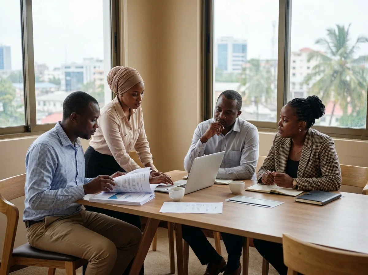 Four professionals reviewing documents and a laptop together at a boardroom table overlooking Dar es Salaam