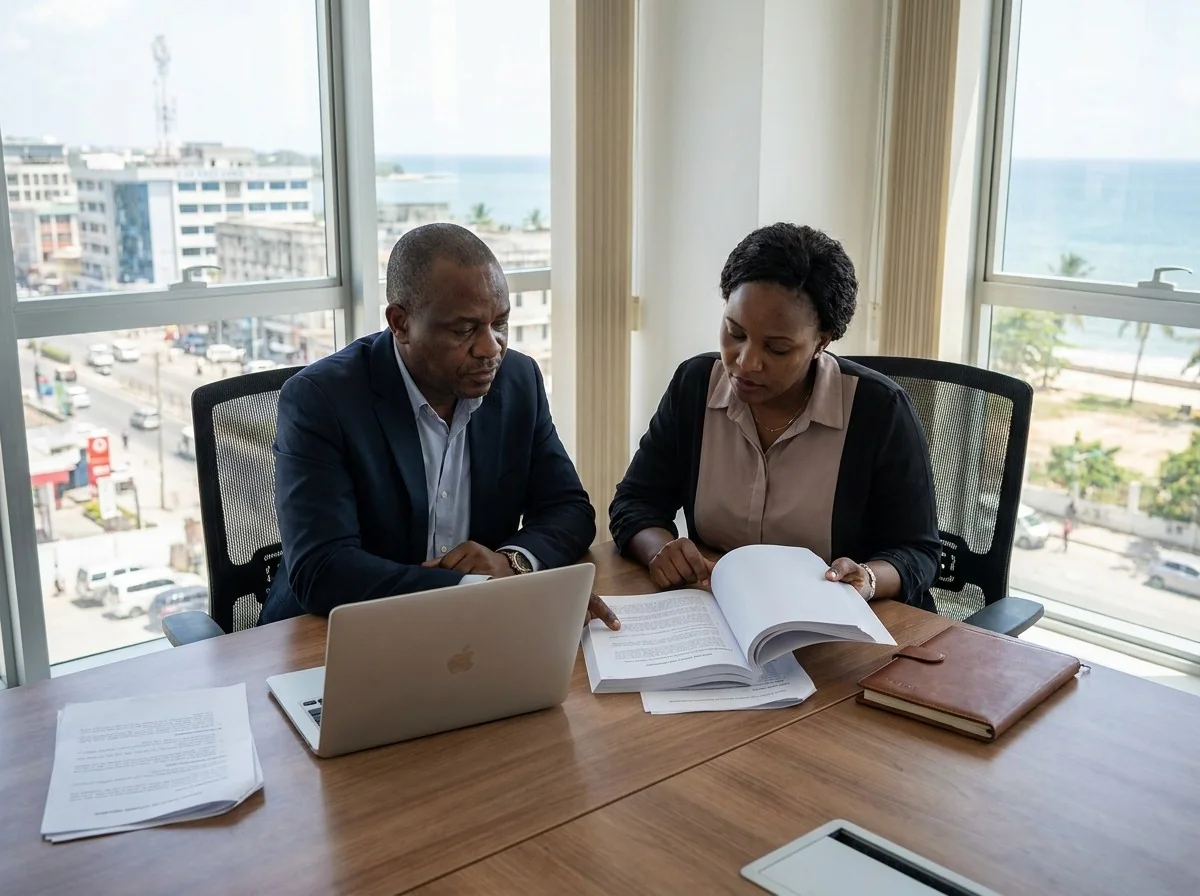 Two executive-support professionals reviewing a briefing document together at a desk overlooking the Dar es Salaam coastline