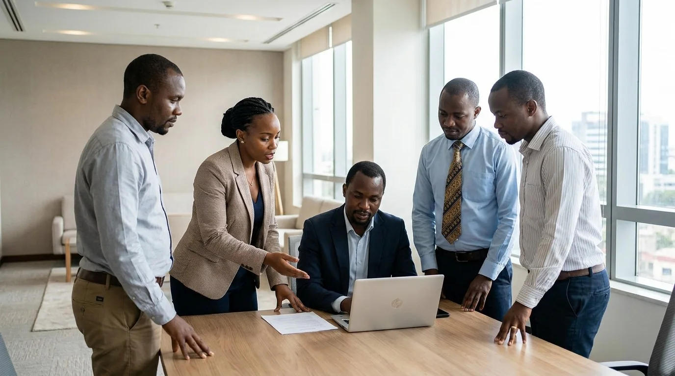 A team of five colleagues gathered around a laptop, reviewing a document together in a bright Dar es Salaam boardroom