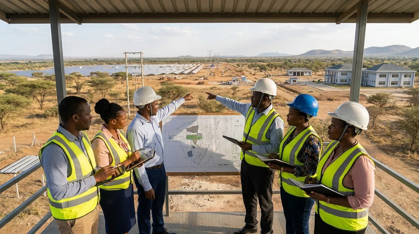 A team of consultants in high-visibility vests reviewing site plans overlooking a solar energy installation in rural Tanzania