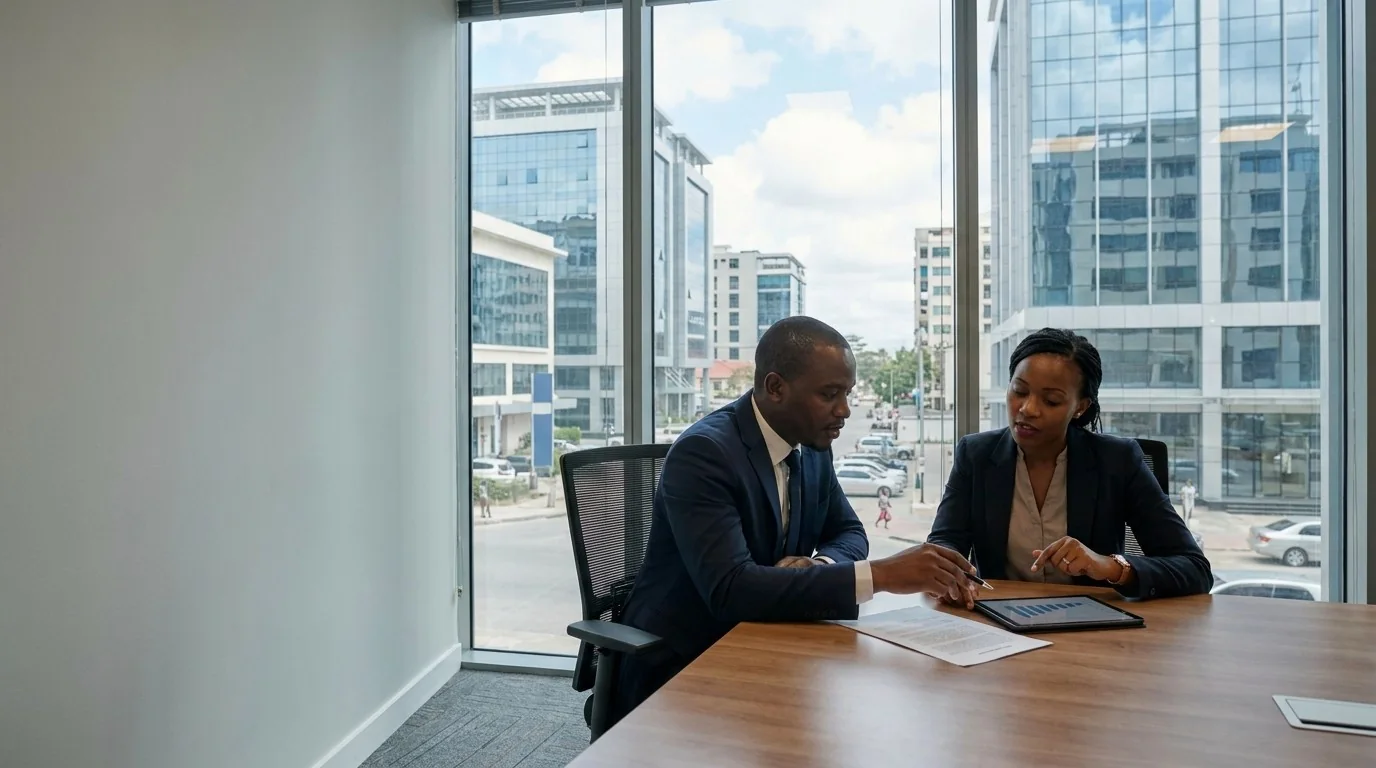 Two business professionals reviewing figures on a tablet at a meeting table overlooking a Dar es Salaam street