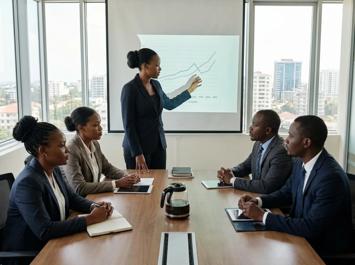 A consultant presenting a performance chart to colleagues in a Dar es Salaam boardroom